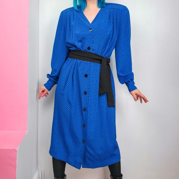 Vintage 80s Liz Claiborne Blue Dotted Button Down Midi Dress - Picture 1 of 8